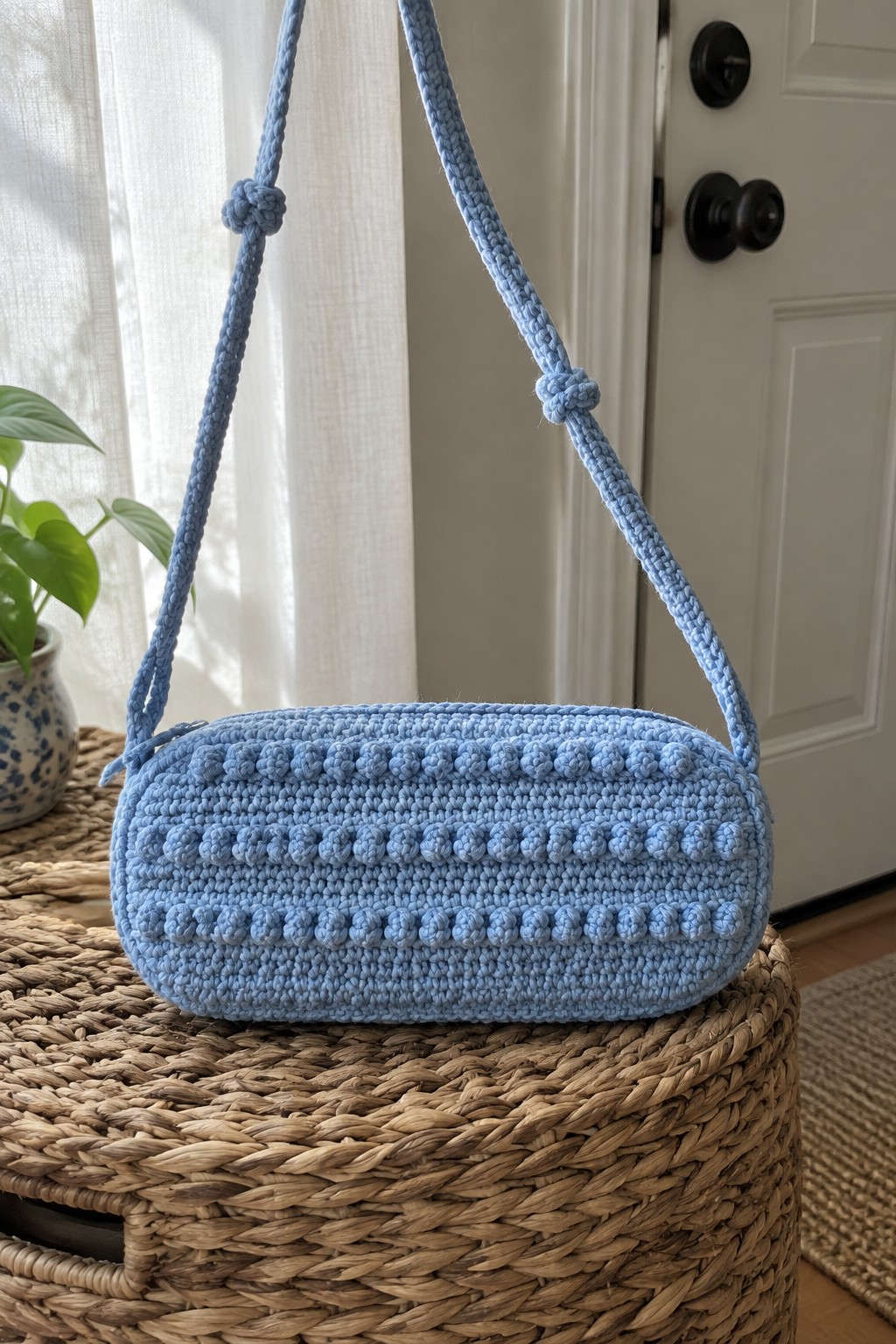 Light blue crocheted bag with bobble texture on round woven basket