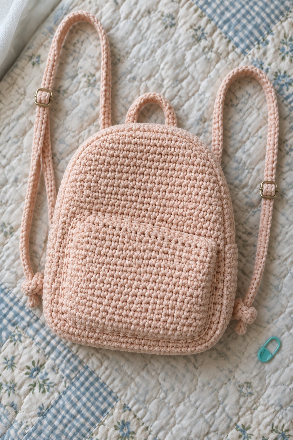 Pink crocheted mini backpack with front pocket on floral quilted blanket