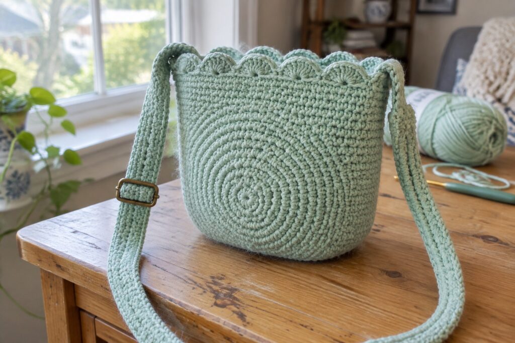23 Modern Crochet Crossbody Bags With Adjustable Straps Mint green crocheted bucket bag with scalloped edge and strap on wooden table