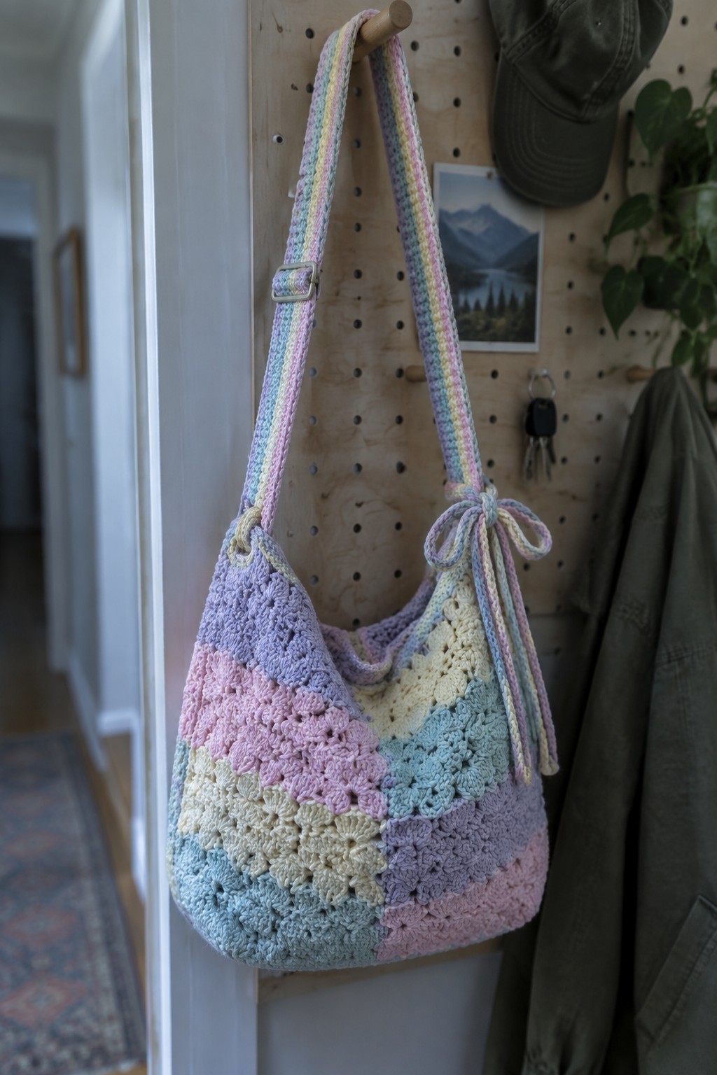 Pastel crocheted granny square bag with striped strap hanging on wooden pegboard.