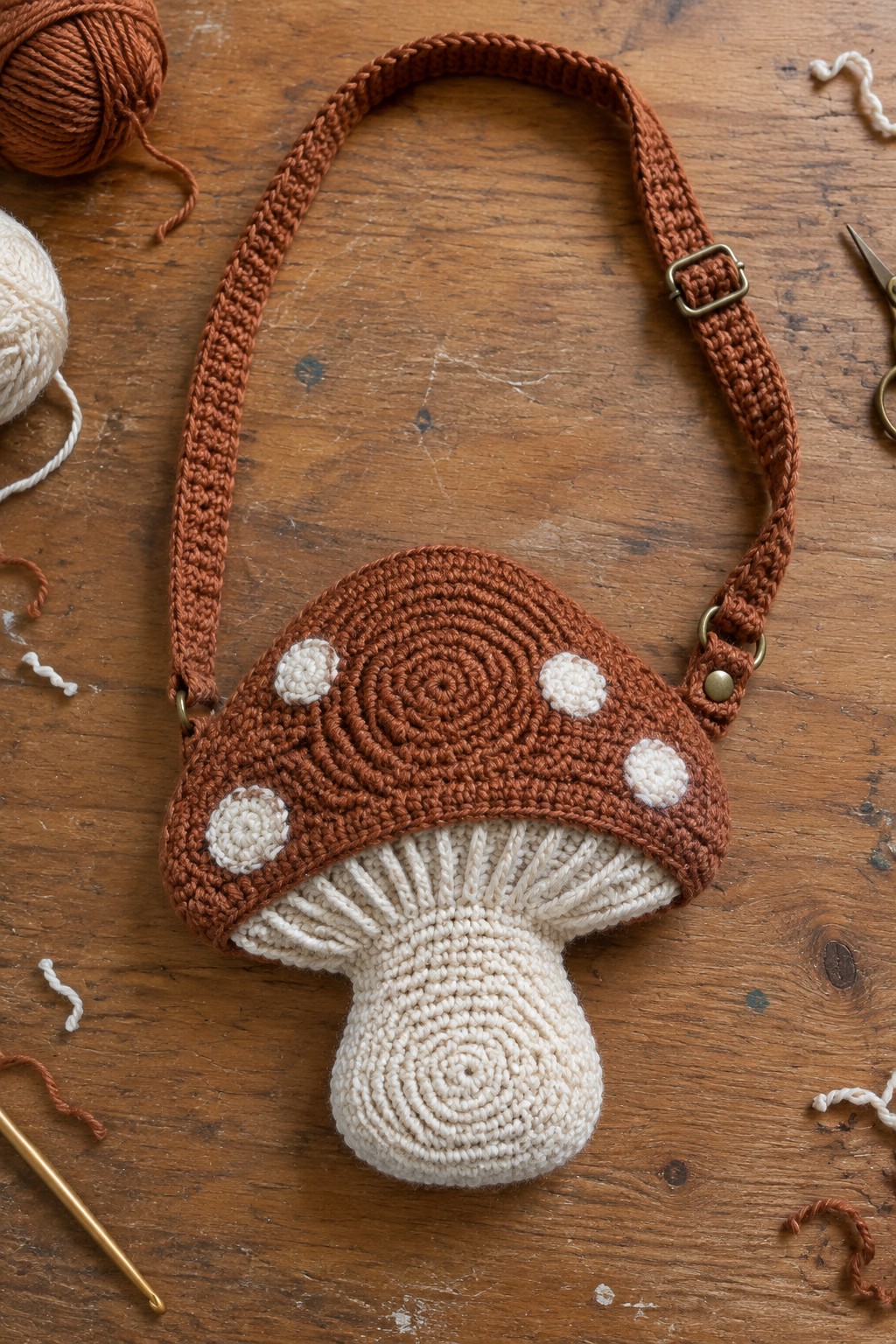 Crocheted mushroom bag with brown spotted cap, white stem, and strap on wood