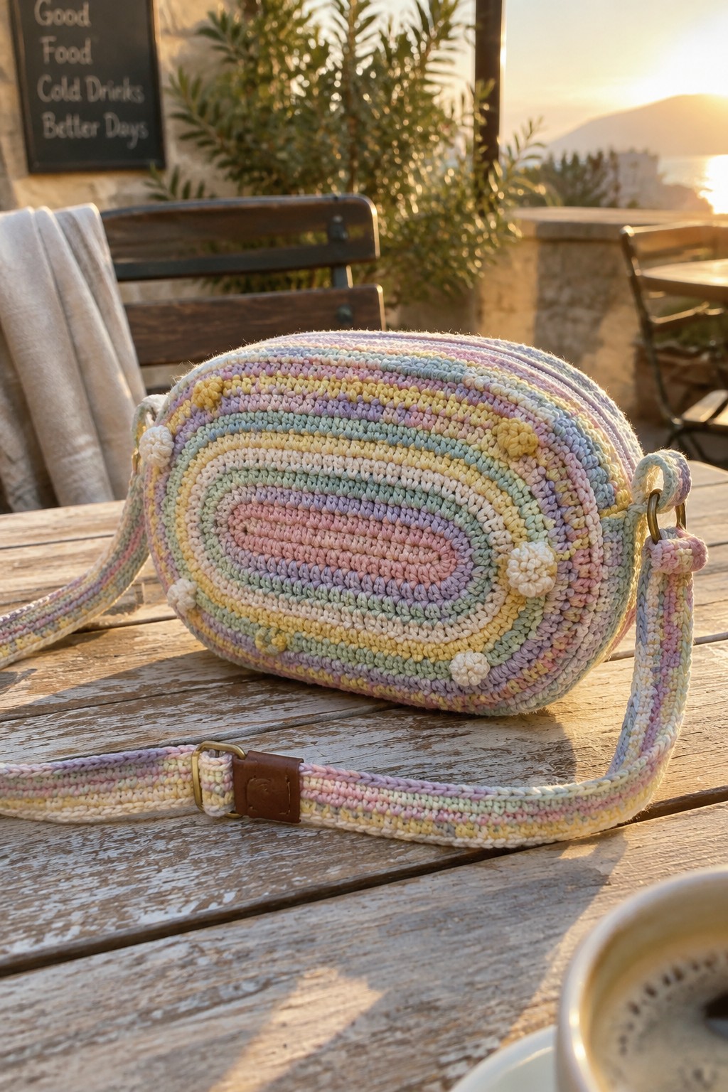 A crocheted oval crossbody bag in pastel rainbow stripes with small pom-poms and an adjustable strap rests on a wooden table.