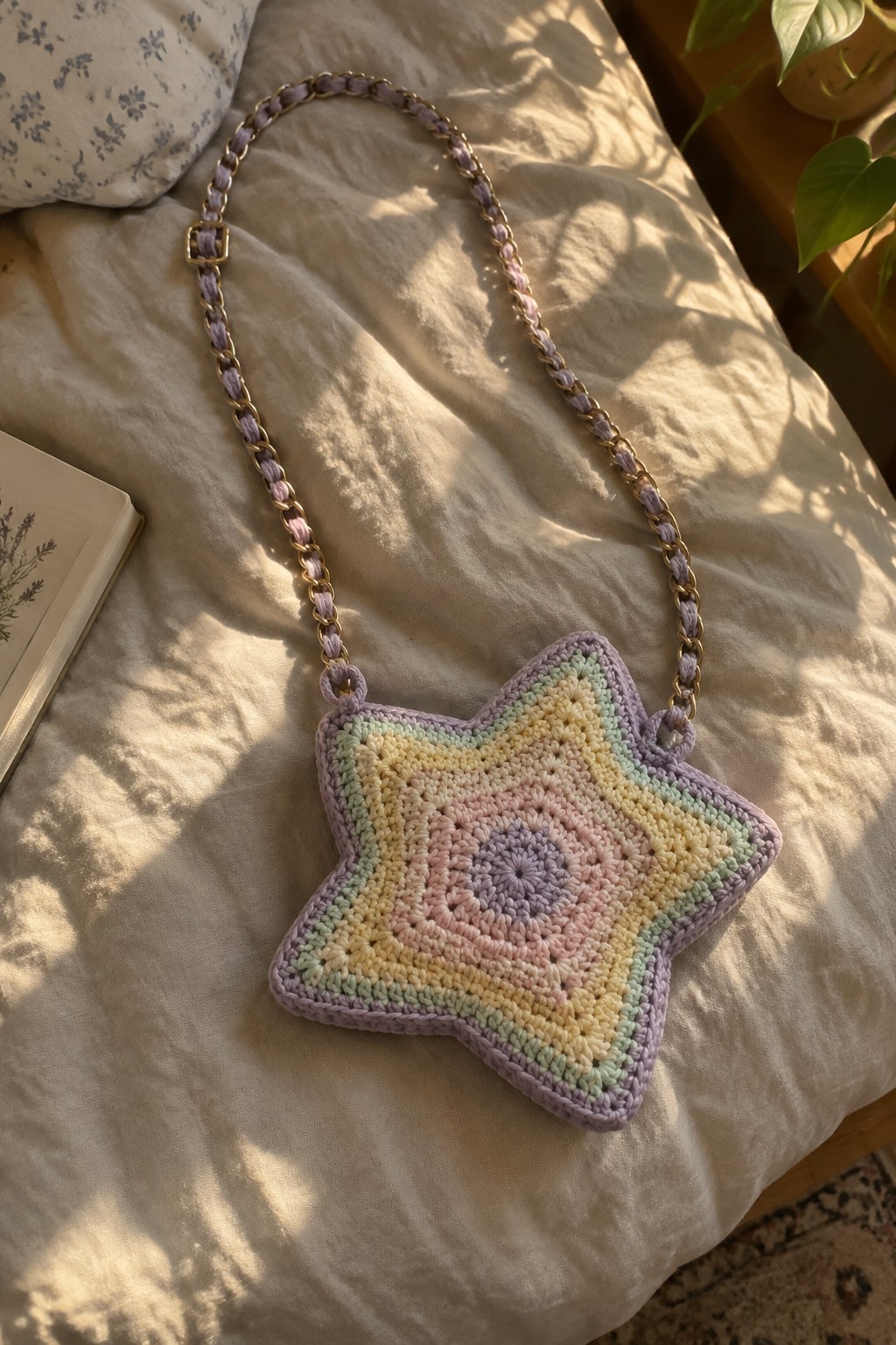 Pastel rainbow crocheted star bag with gold chain on sunlit white bed
