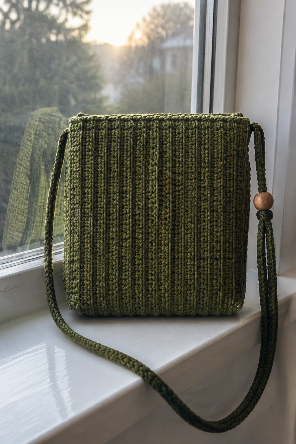 Olive green ribbed crochet bag with wooden bead on white windowsill.