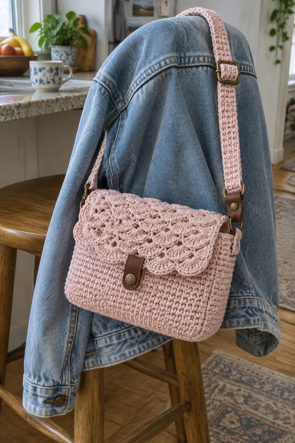 Pink crocheted crossbody bag with scalloped flap and adjustable strap resting on a denim jacket.