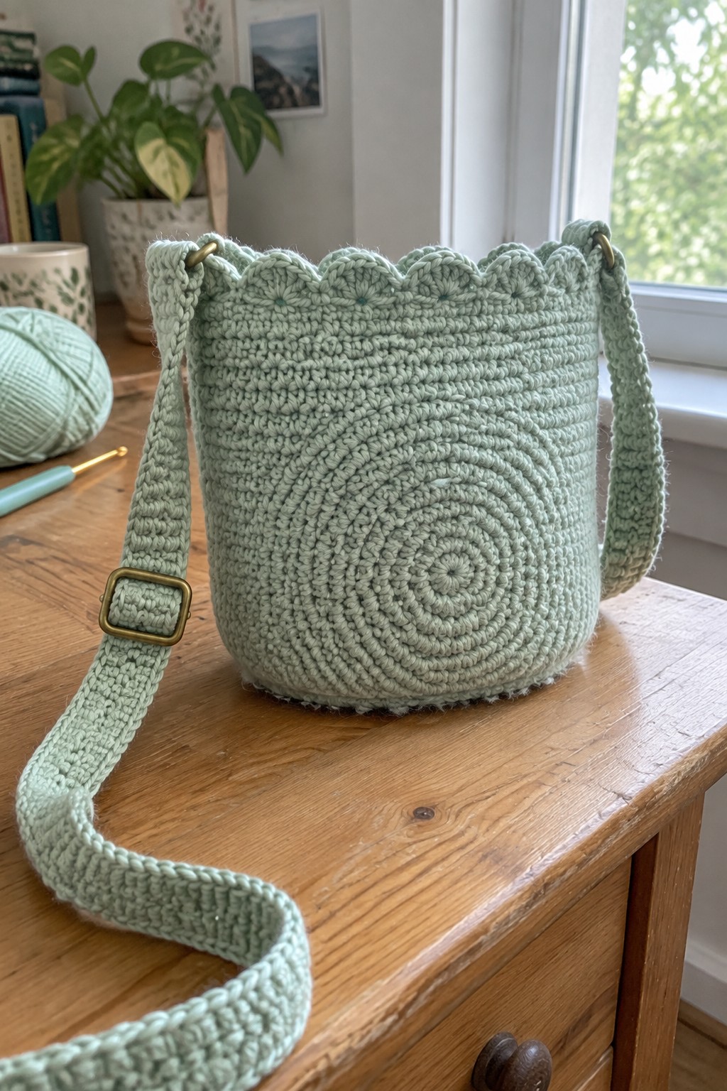 Mint green crocheted bucket bag with scalloped edge and strap on wooden table
