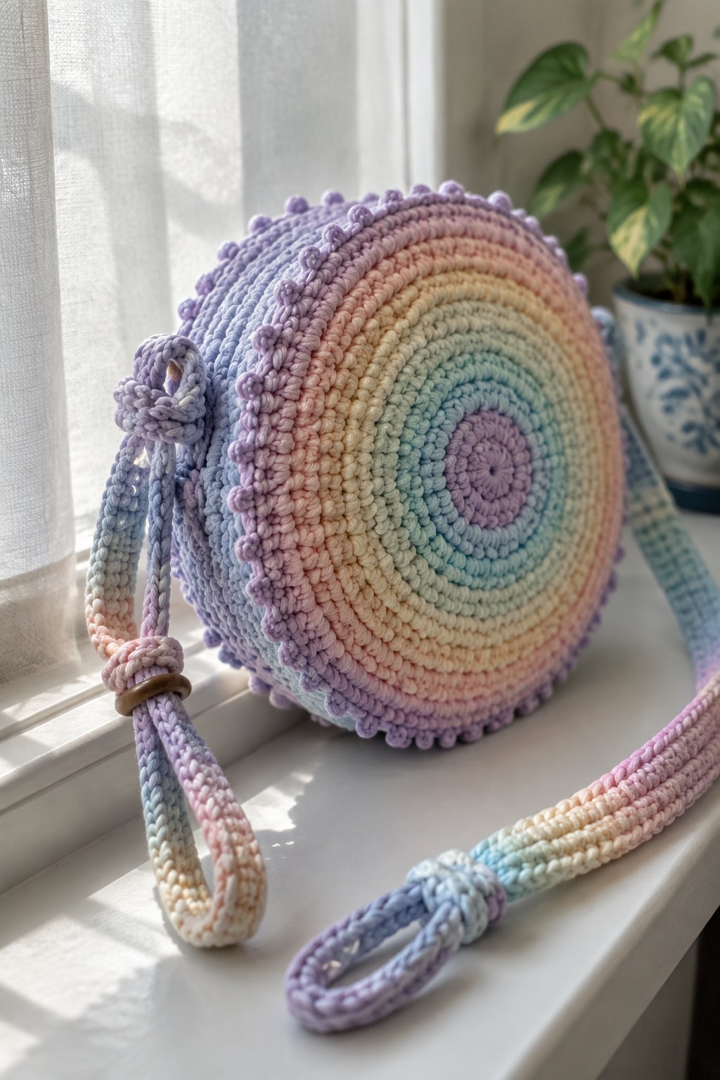 Round crocheted bag in rainbow spiral colors with textured border and long adjustable strap featuring wooden rings, placed on a white windowsill.
