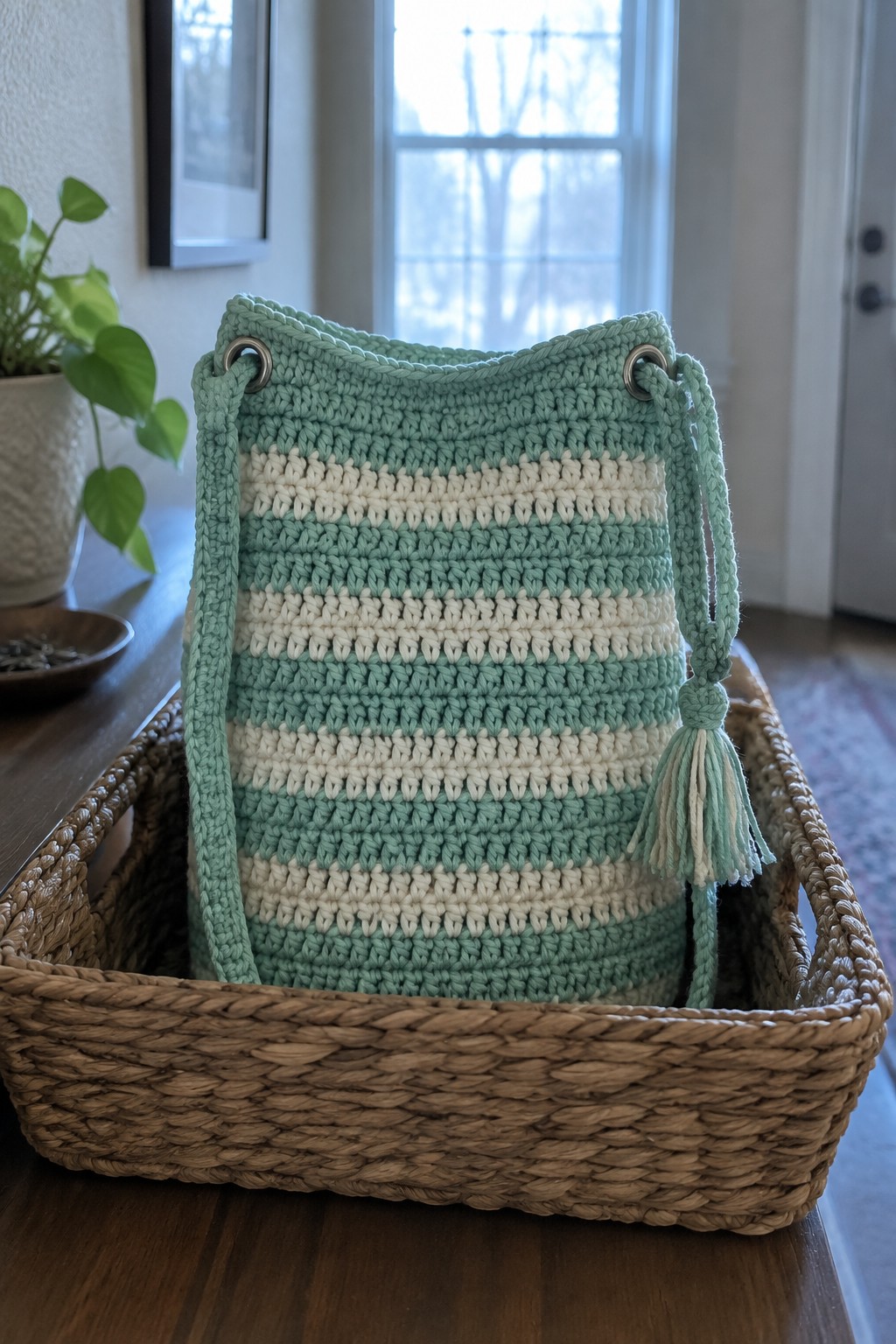 Mint green and white striped crocheted bag with tassel in woven basket