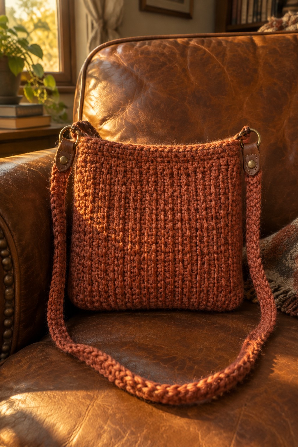 Knitted rust-orange crossbody bag with braided strap on brown leather armchair.