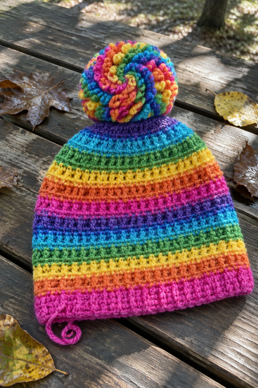 Rainbow-striped knitted beanie with pom-pom on wooden table amid autumn leaves