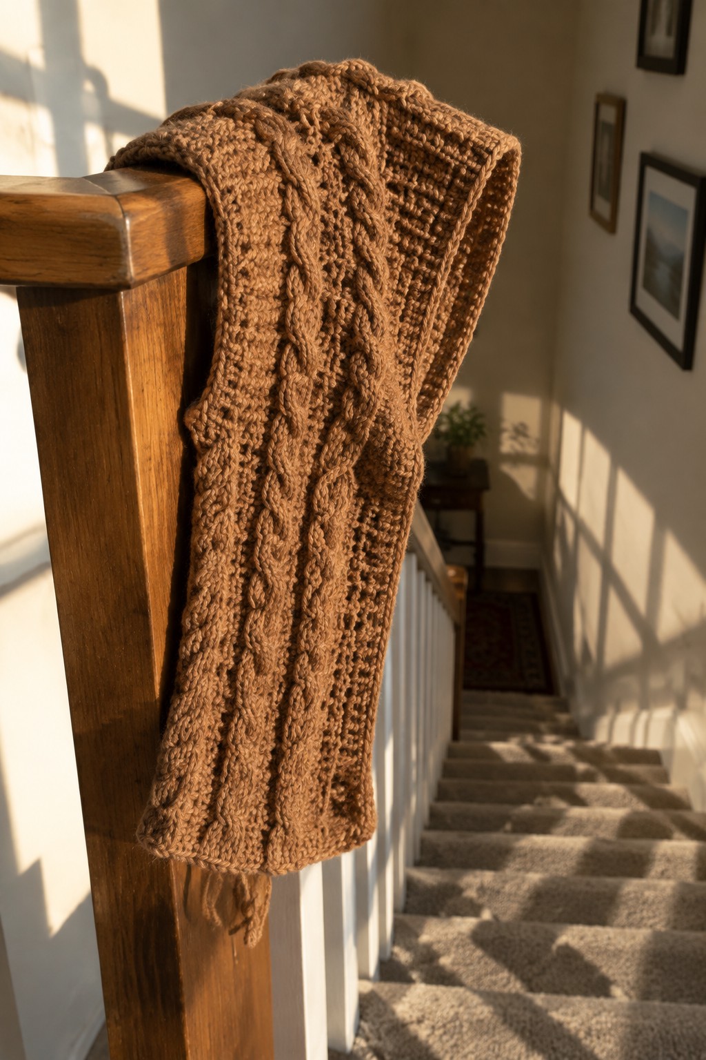 Brown cable-knit scarf draped over wooden banister on sunlit staircase