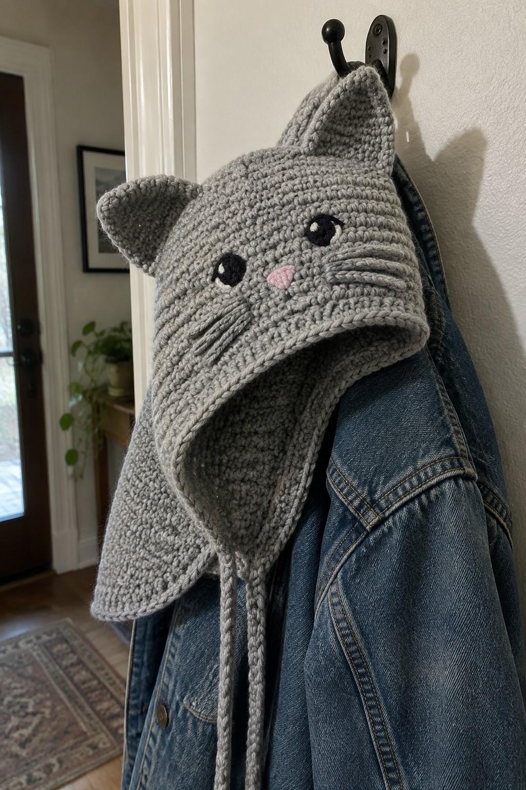 Gray crocheted cat hat with face on blue denim jacket on hook.