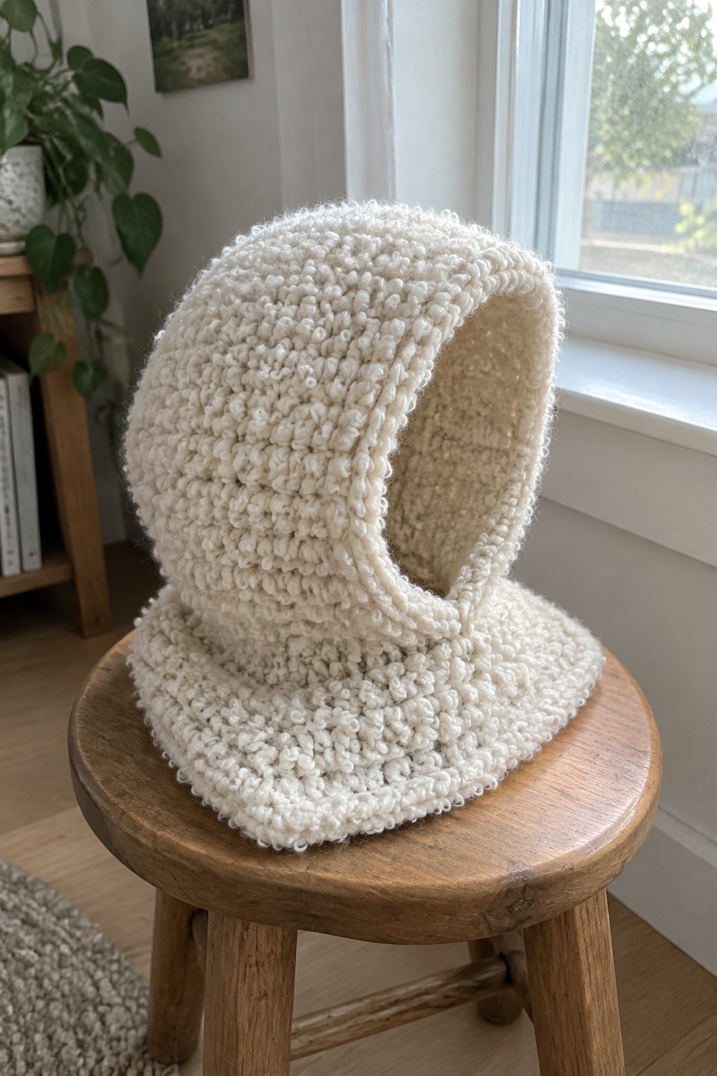Cream chunky knit balaclava resting on round wooden stool by window