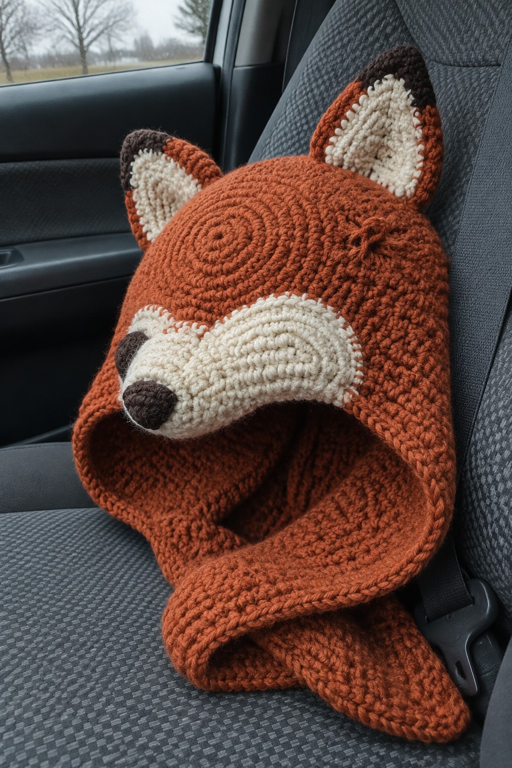 Crocheted orange fox hat with cream face on gray car seat.