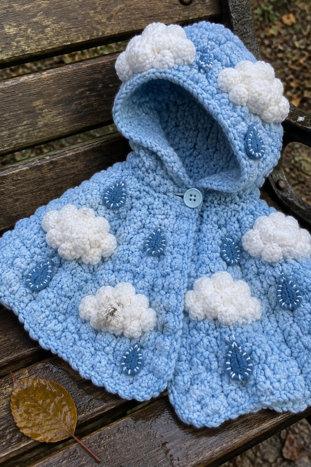 Blue crocheted hooded poncho with white clouds and blue raindrops on bench