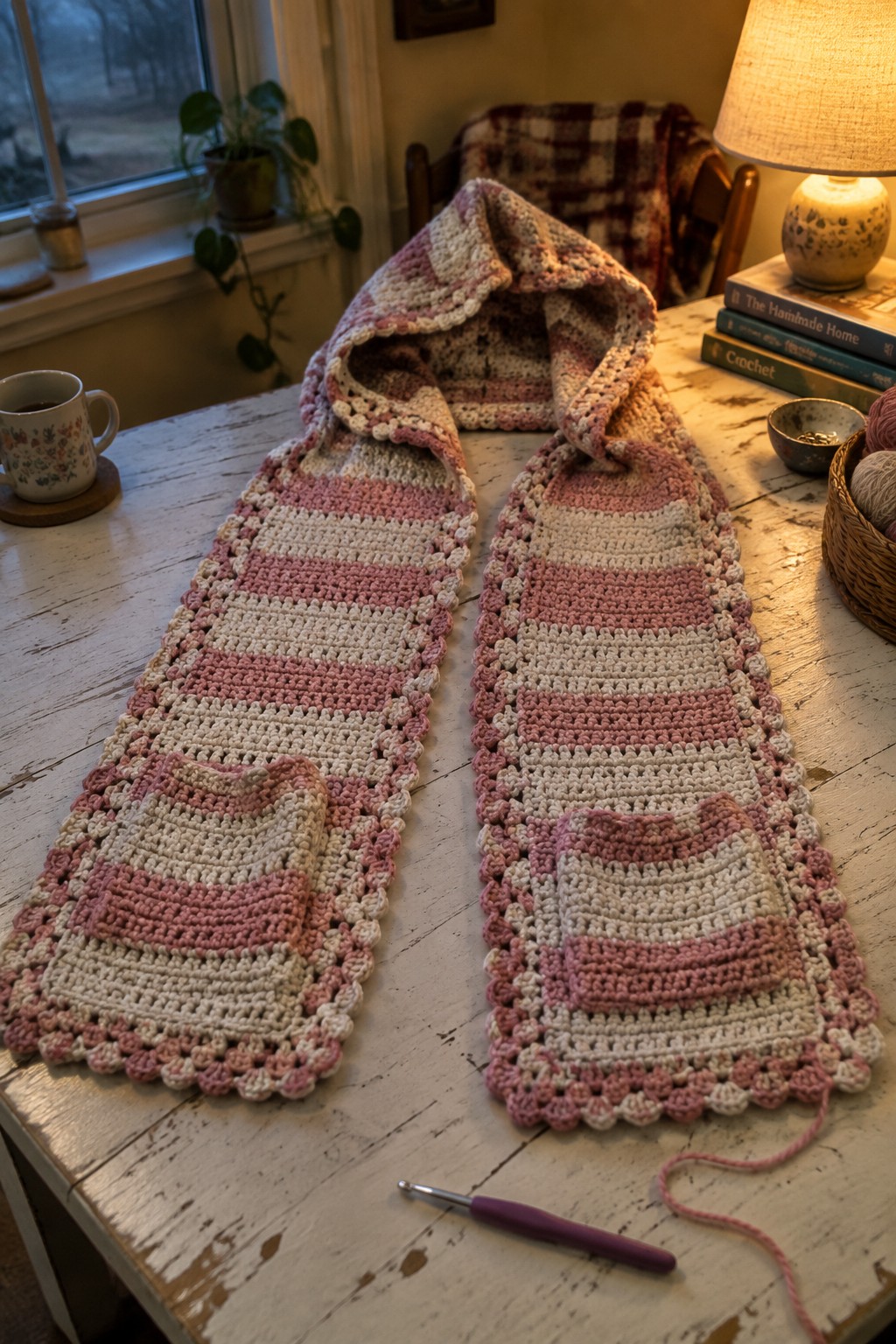 Long crocheted scarf with hood and two pockets in pink and cream stripes on a wooden table.