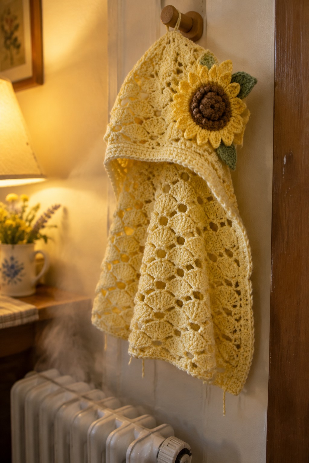 Yellow crocheted hooded shawl with sunflower hangs on wooden hook above radiator.
