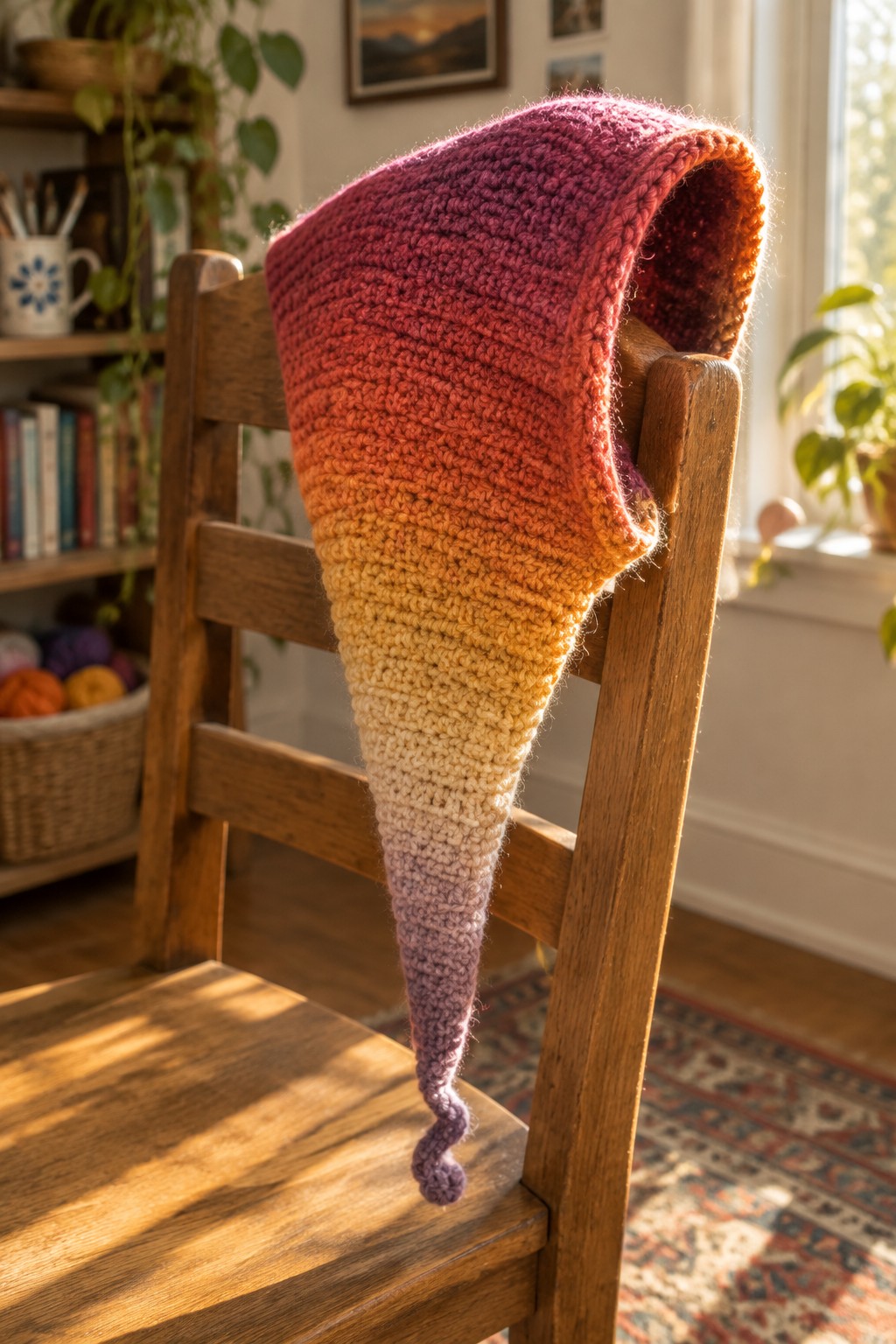 Colorful gradient knitted hat with long tail on wooden chair.