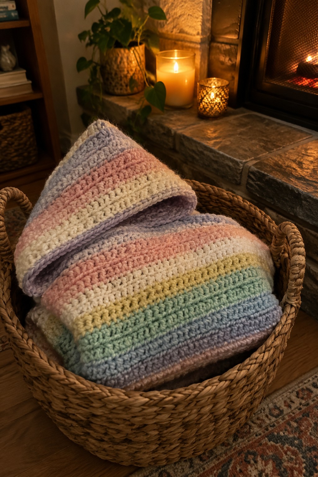 Pastel striped knit blanket folded in wicker basket by lit fireplace