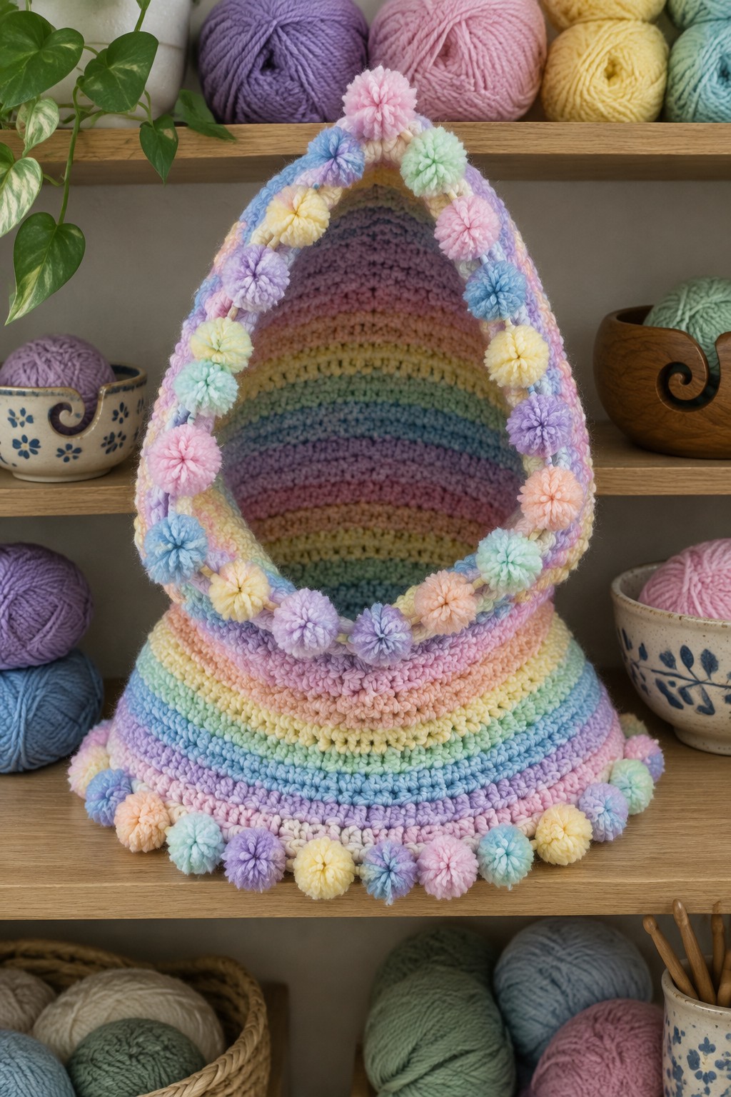 Rainbow crocheted hood with pastel pom-poms amid yarn balls on wooden shelves.