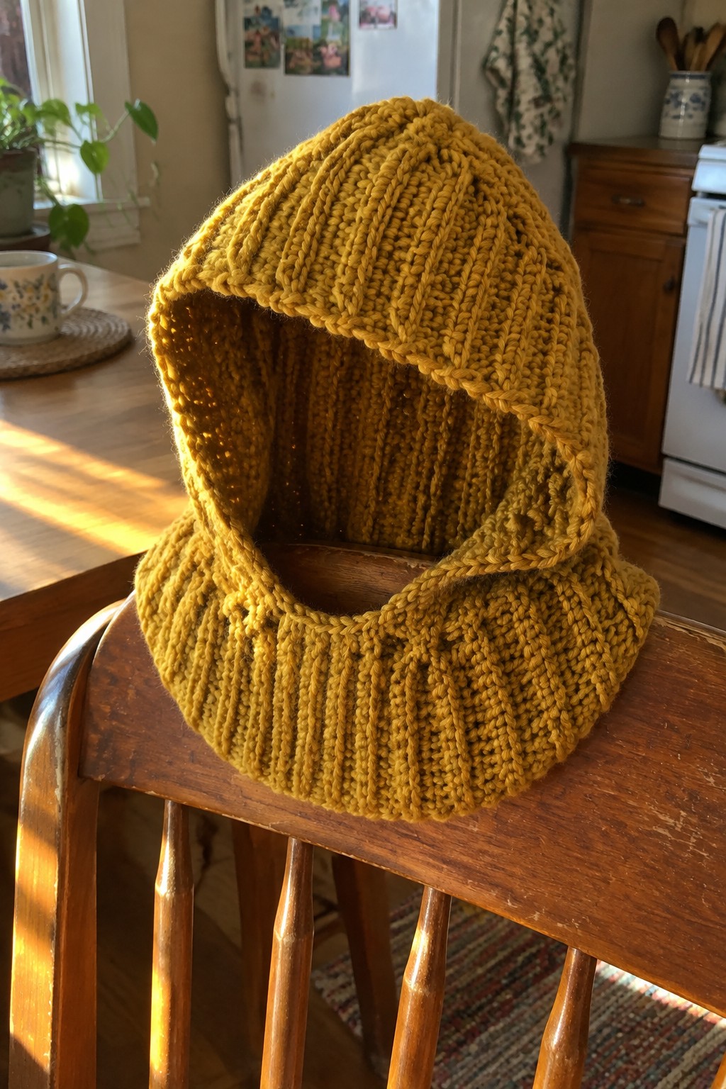 Mustard-yellow chunky knit hooded cowl on wooden chair in sunny kitchen.