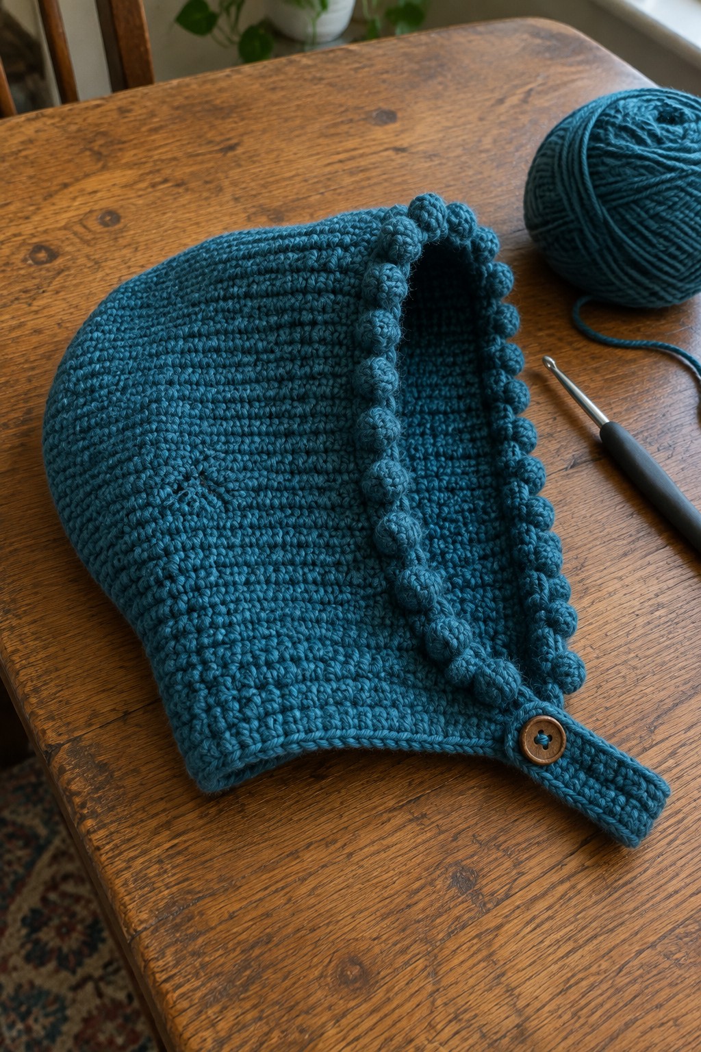 Teal crocheted baby bonnet with scalloped edge on wooden table beside yarn and hook