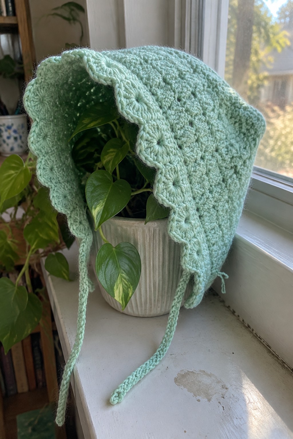 Mint green crocheted bonnet with ties draped over potted plant on windowsill
