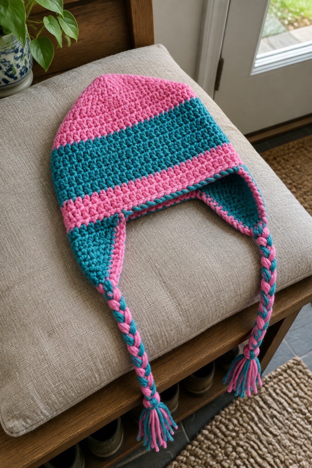 Pink and teal crocheted earflap hat with braids on beige cushion.