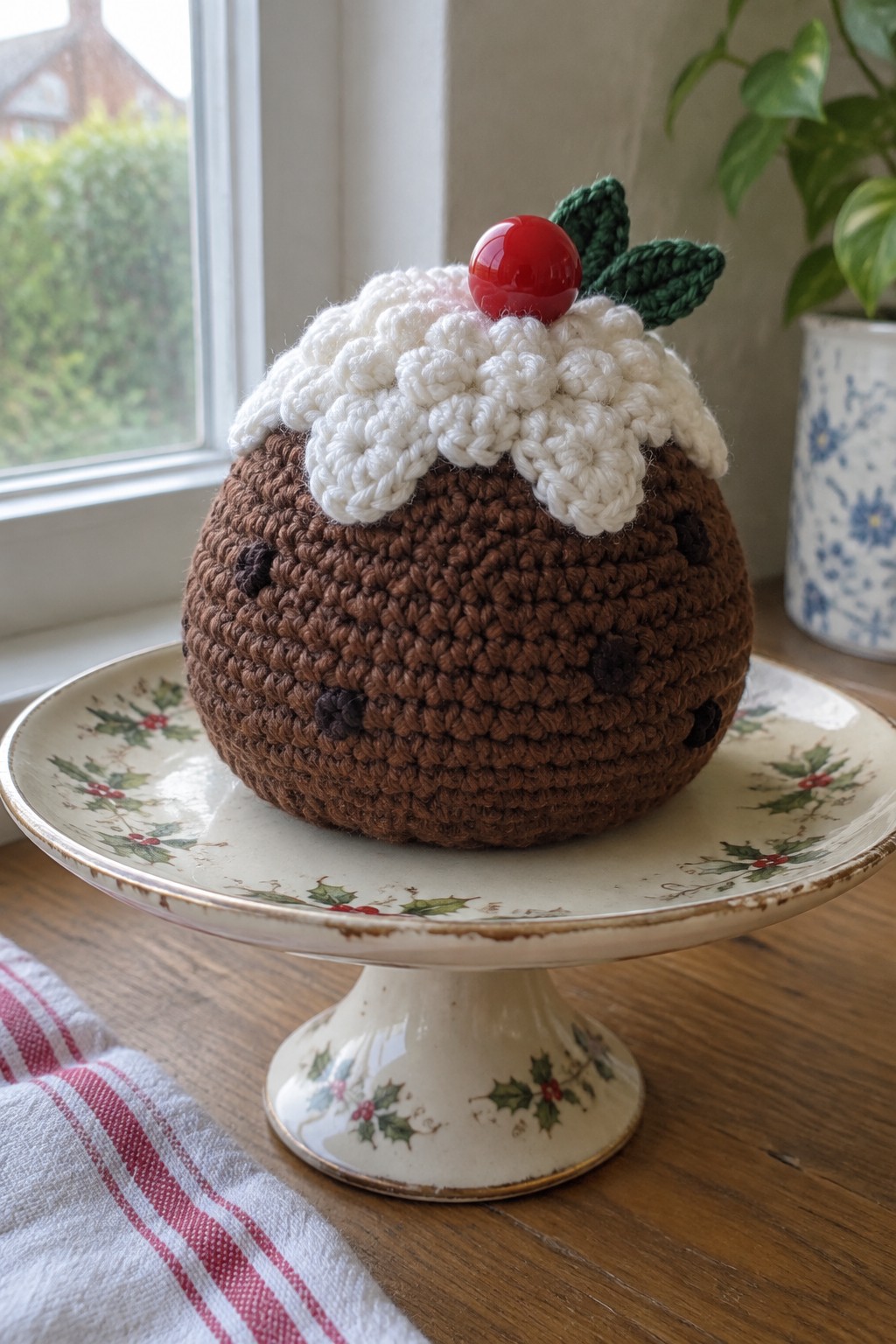 Crocheted Christmas pudding with white icing, red cherry, and green leaves on festive plate.