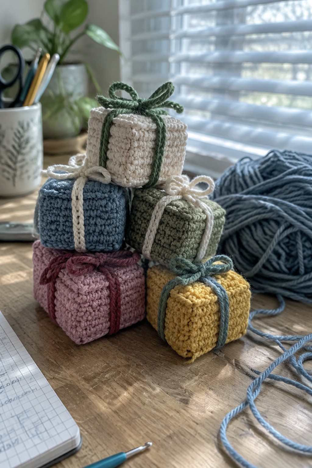 Stacked crocheted cubes in pastel colors tied with yarn bows on wooden table