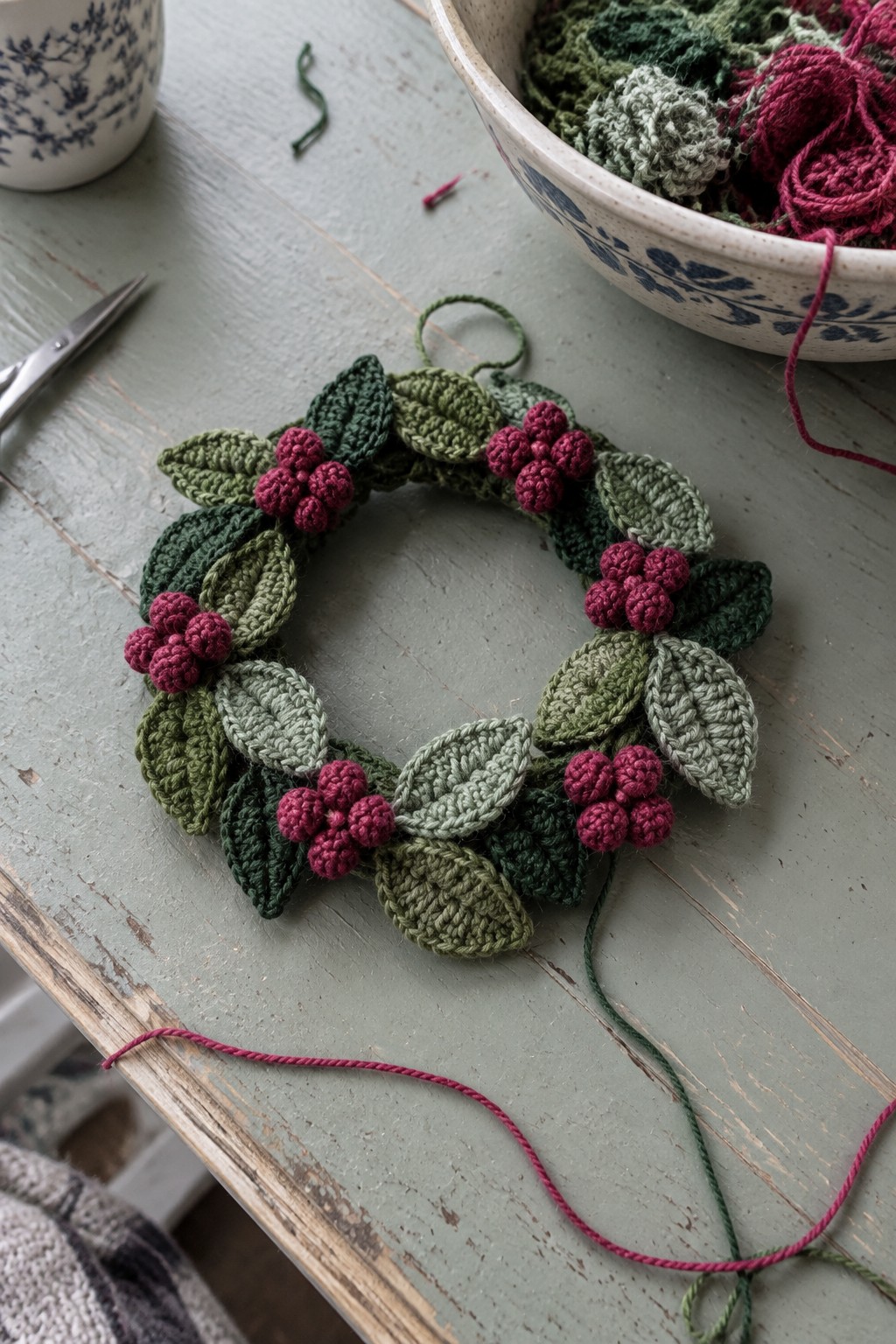 Crocheted holly wreath with red berries on green wooden table amid yarn and scissors