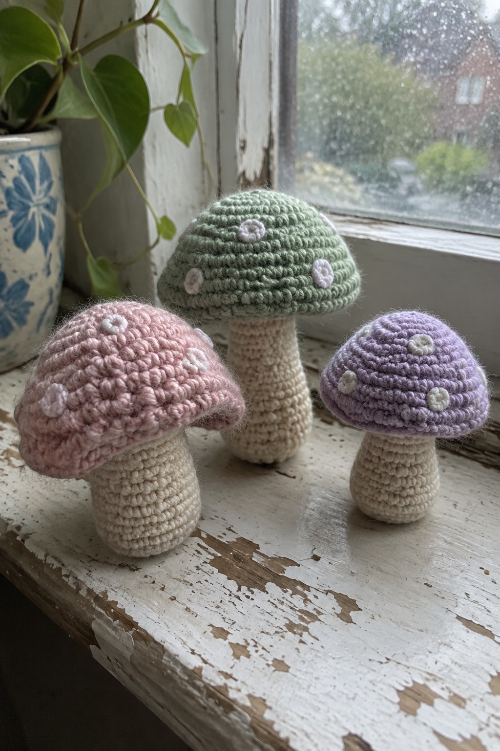 Three crocheted mushrooms with pink, green, and purple caps and white spots sit on a wooden windowsill.