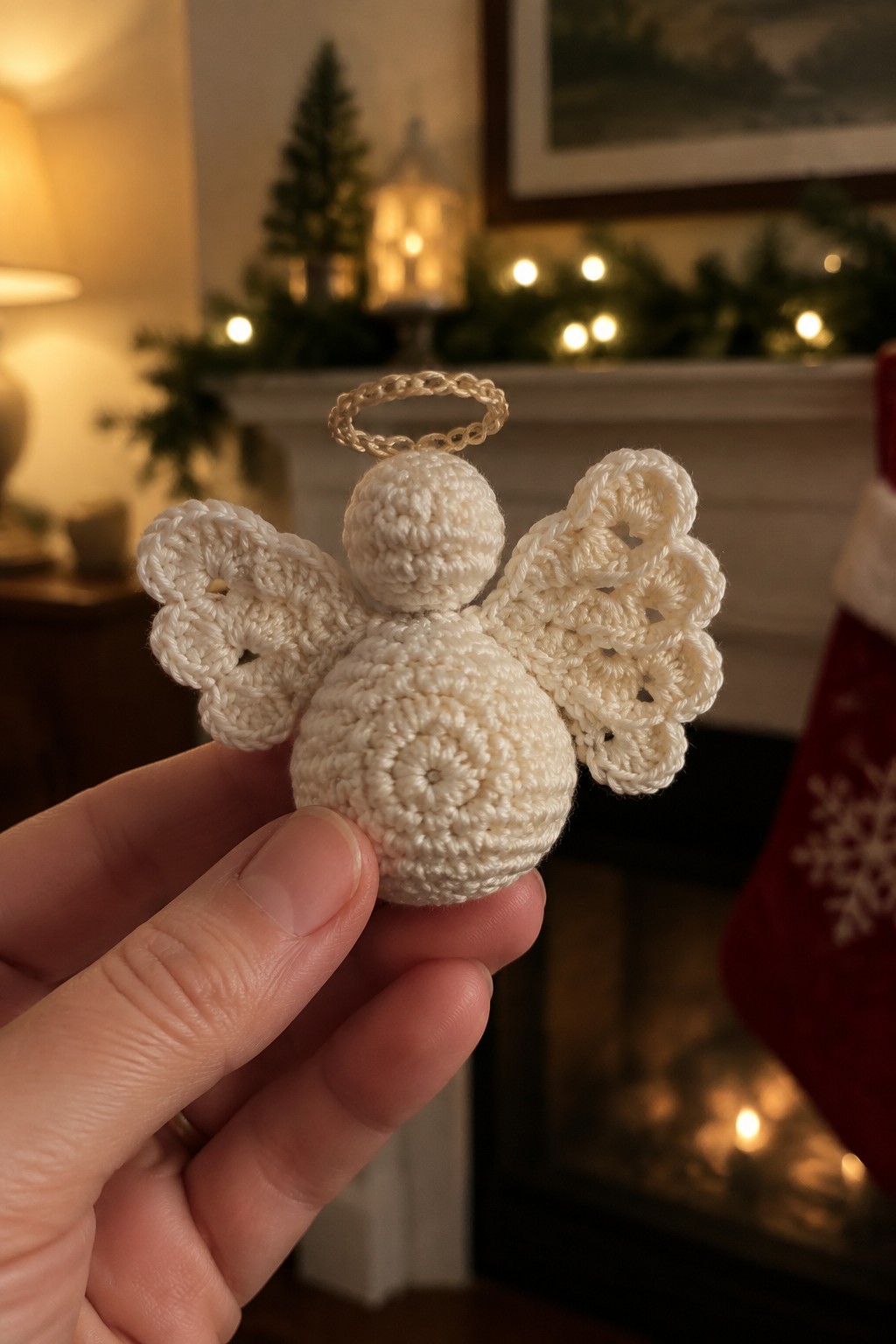 Hand holding crocheted white angel ornament with wings and halo by Christmas fireplace