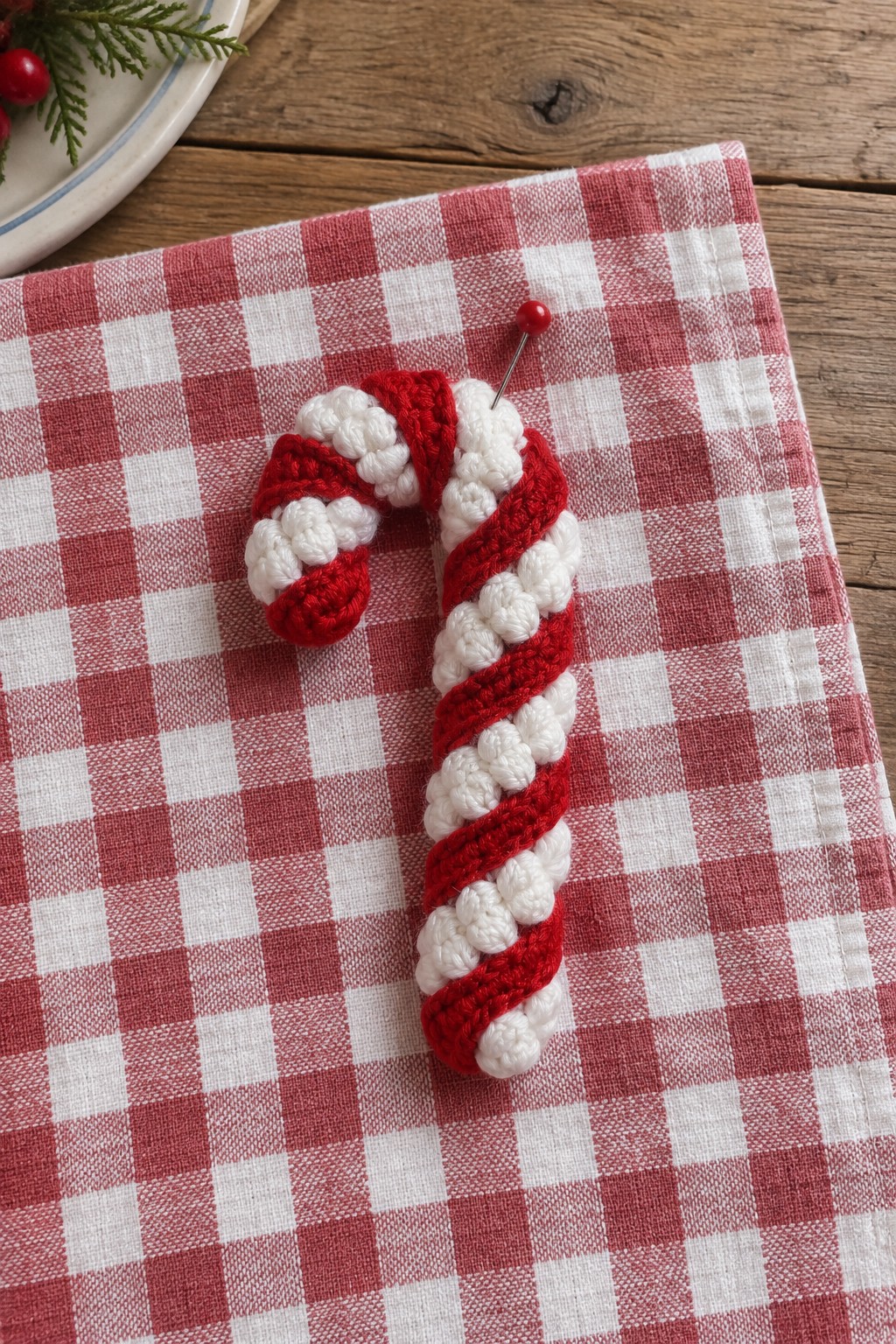 Red and white crocheted candy cane pinned to checkered cloth on wood table