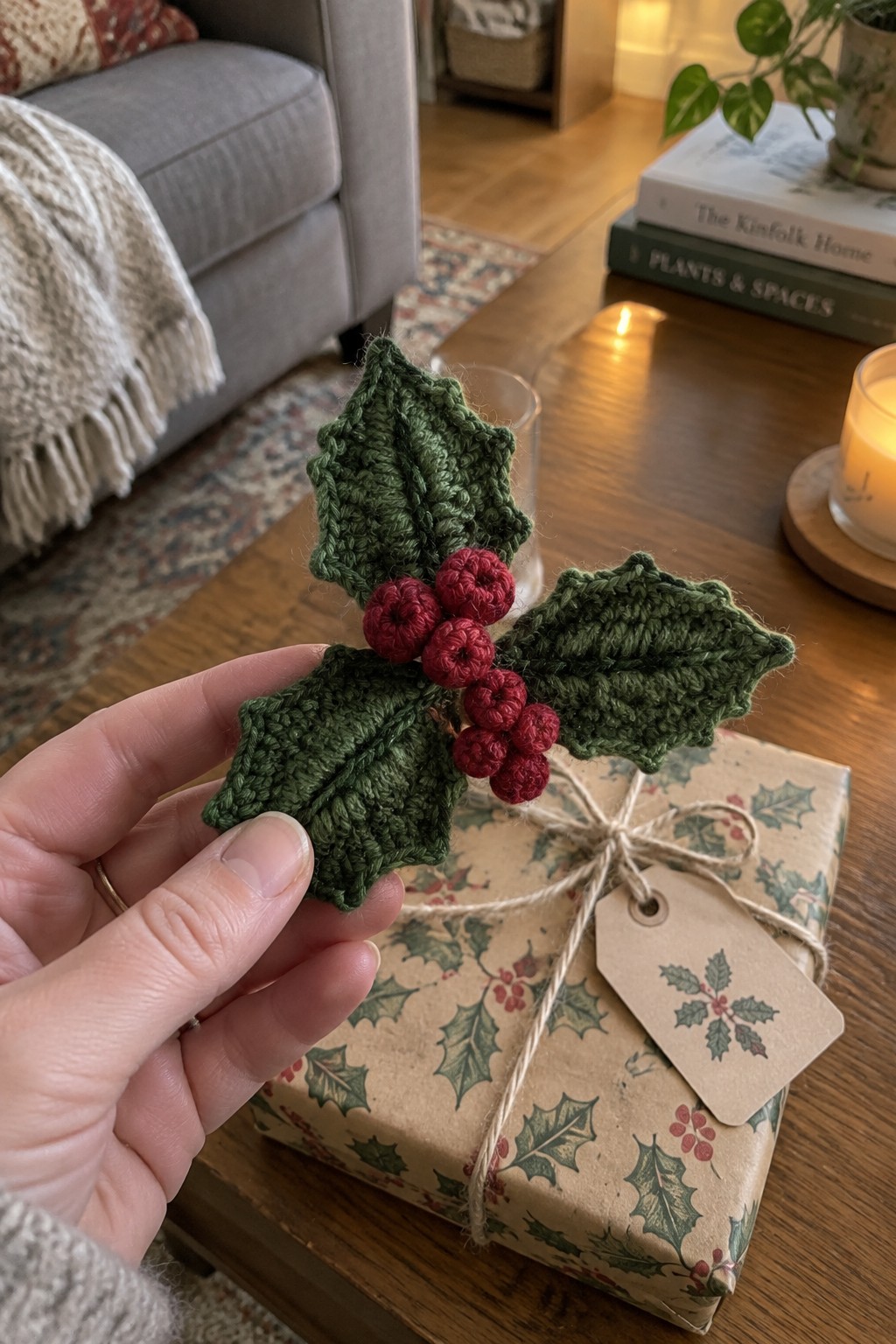 Hand holding crocheted holly leaves with red berries above wrapped gift box