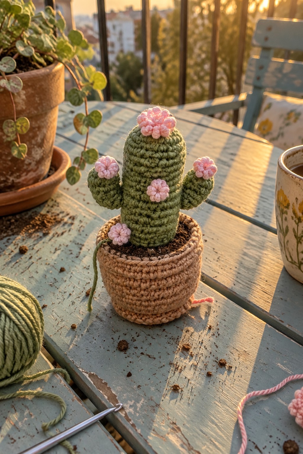 Crocheted green cactus with pink flowers in yarn pot on weathered blue table with hook and yarn