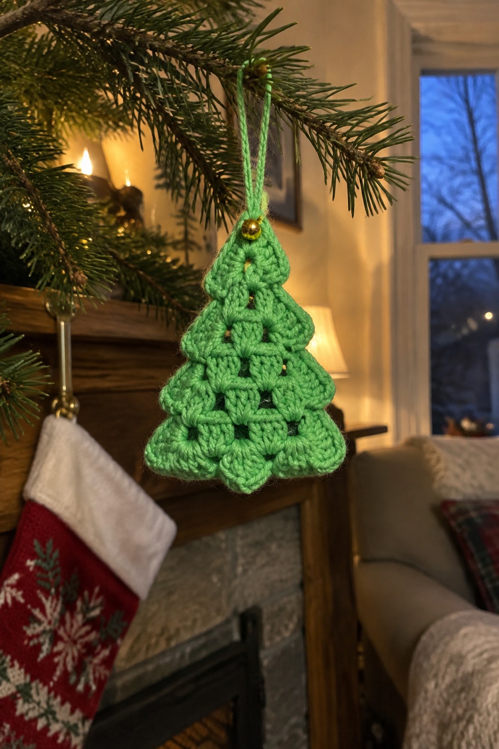 Green crocheted Christmas tree ornament with gold bell on pine branch near fireplace