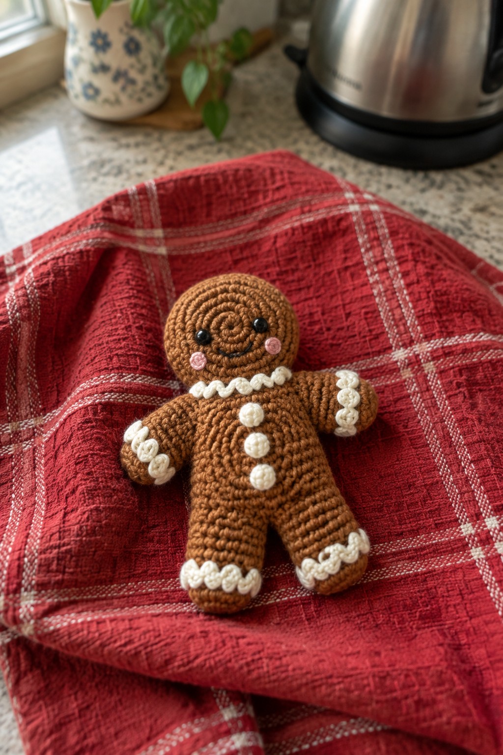 A small crocheted gingerbread man with brown body, white trim, and button details rests on red plaid fabric.