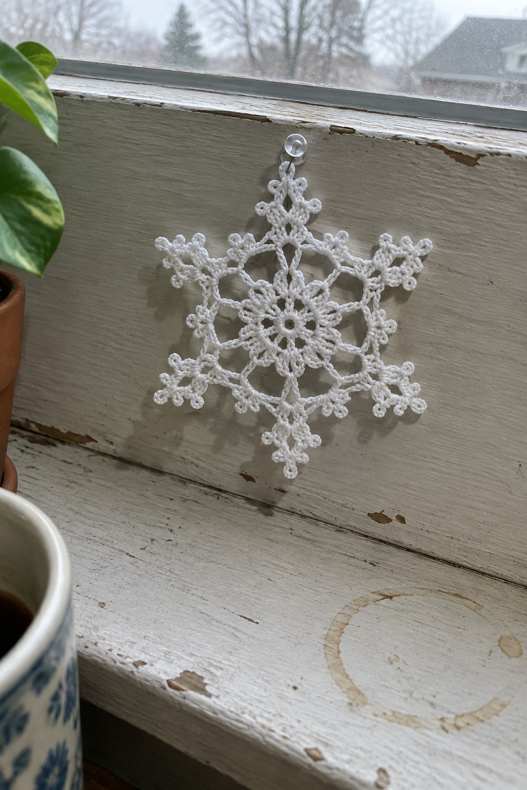 White crocheted snowflake hanging on a peeling white windowsill beside a potted plant.