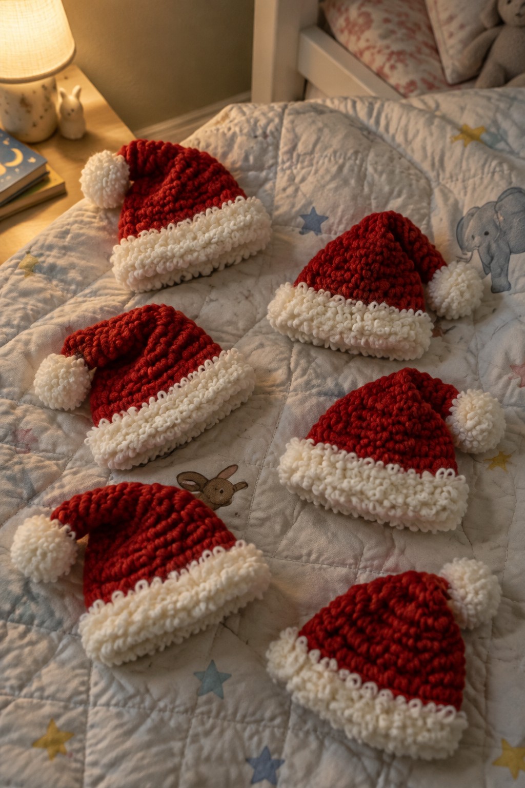 Six crocheted Santa hats in red and white on a patterned children's quilt.