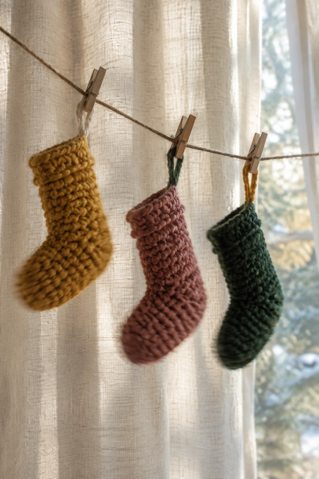 Three knitted stockings in yellow, rose, and green hanging from twine with clothespins.