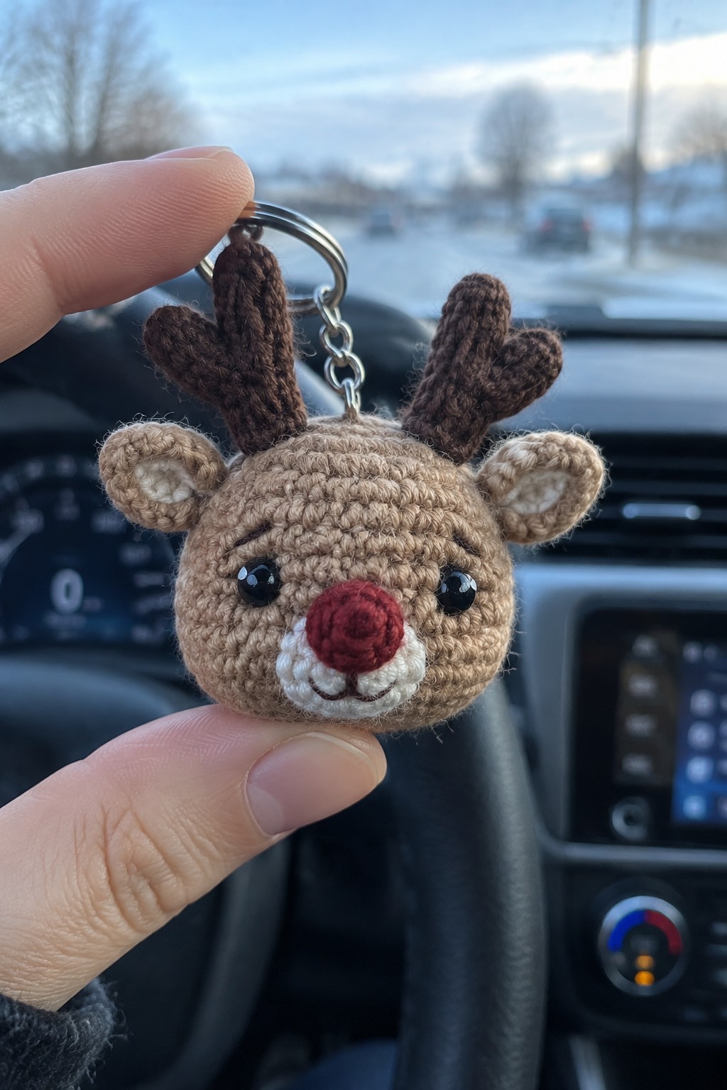 Hand holding crocheted reindeer keychain with brown antlers and red nose in car