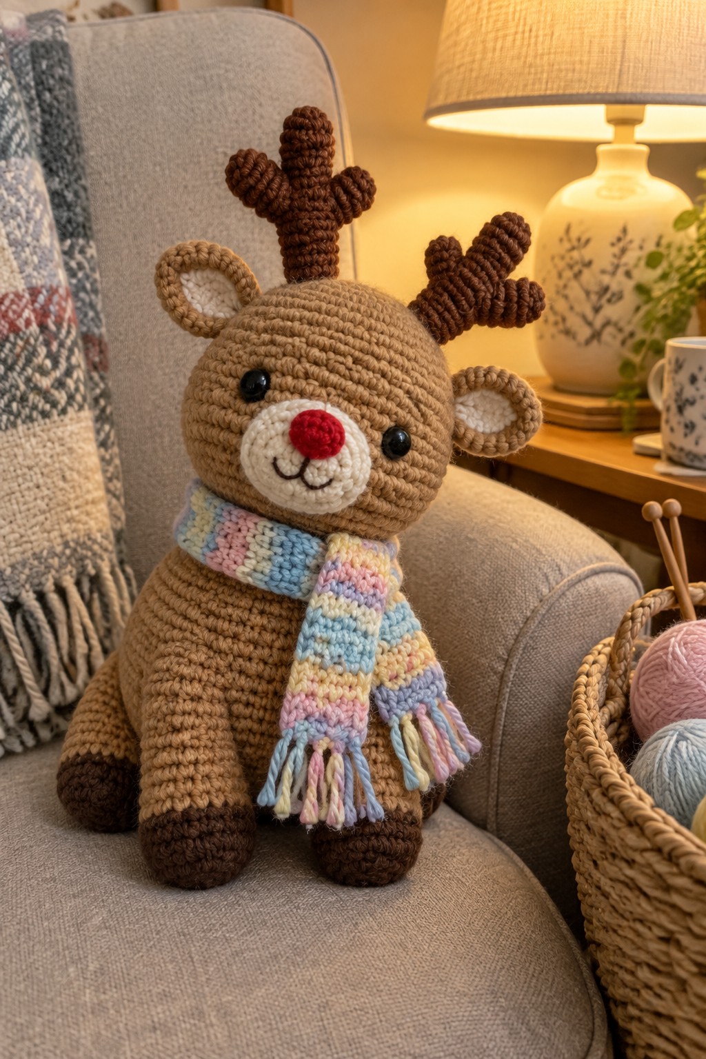 Crocheted reindeer with pastel striped scarf on gray chair beside yarn basket