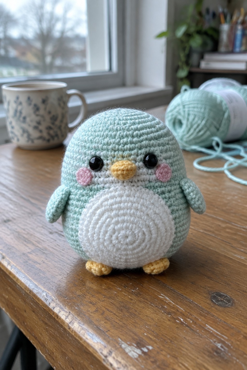 Mint green crocheted penguin amigurumi on wooden table with yarn and mug nearby