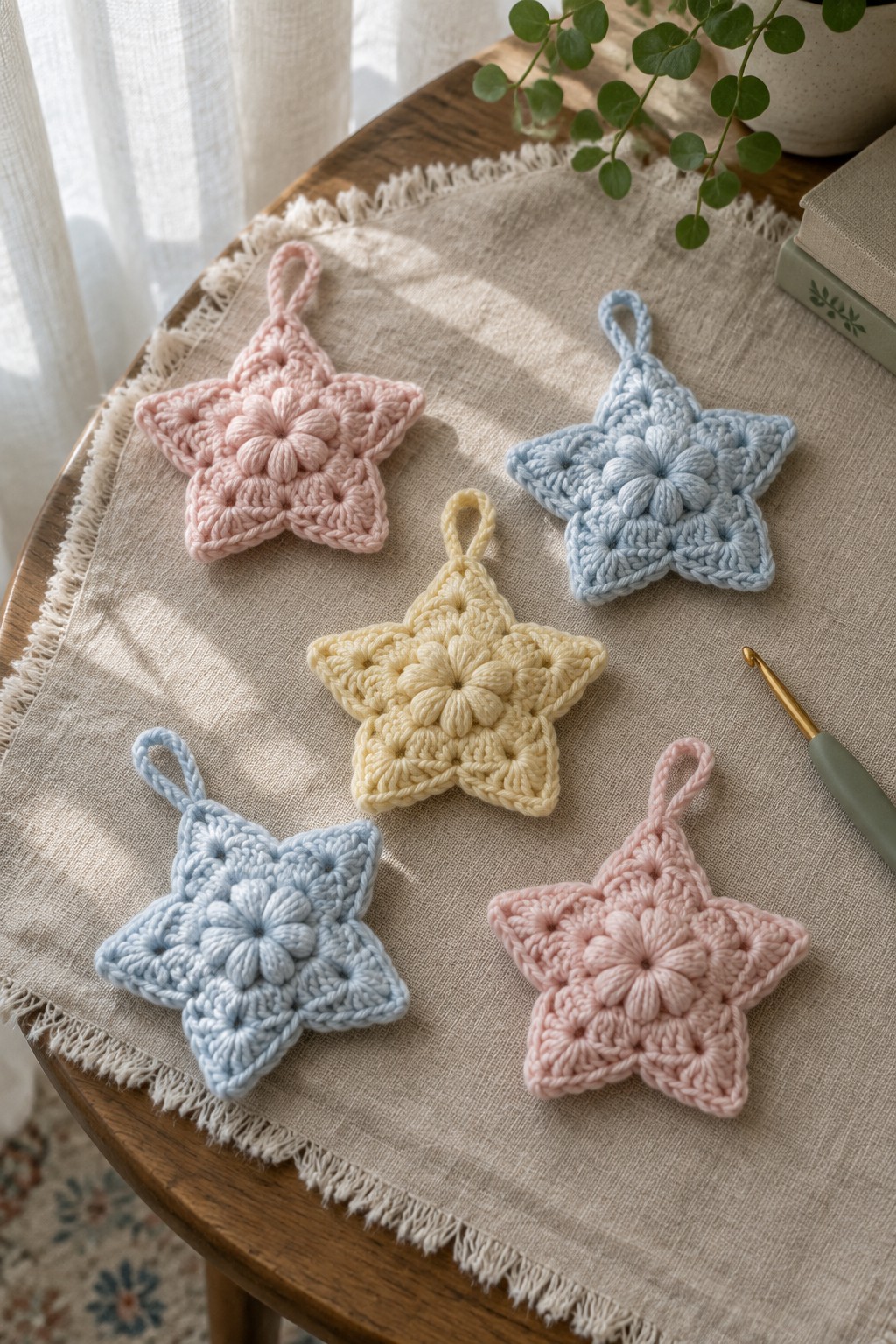 Five pastel crocheted star ornaments on beige fabric with crochet hook nearby.