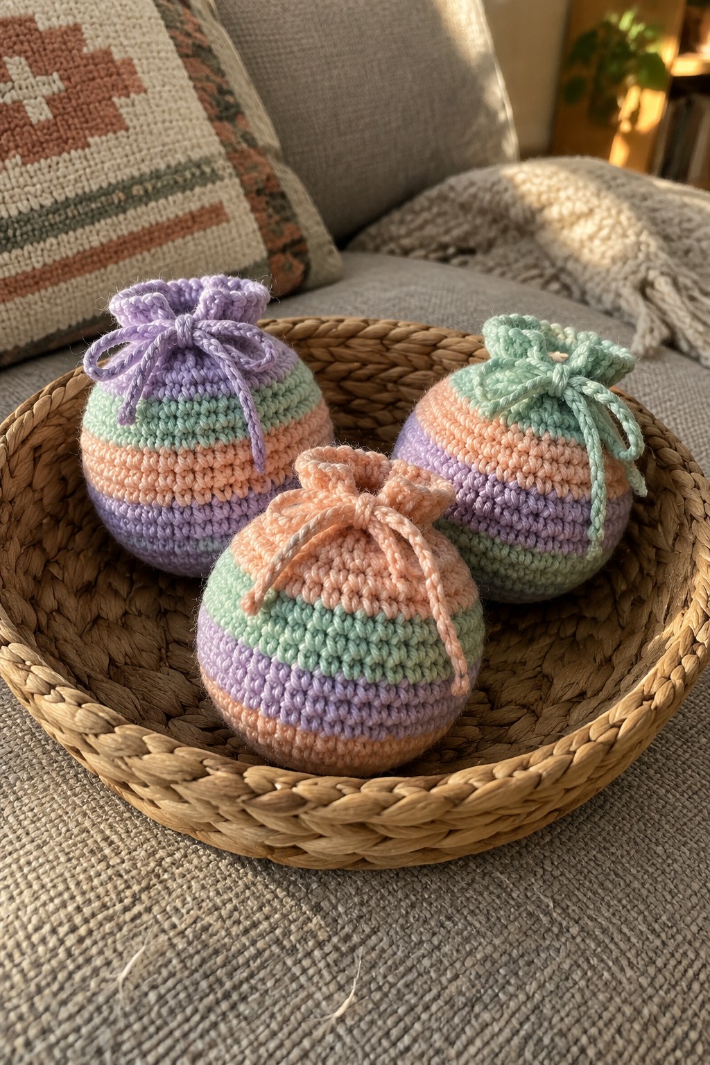Three pastel striped crocheted pouches with drawstrings in a woven basket