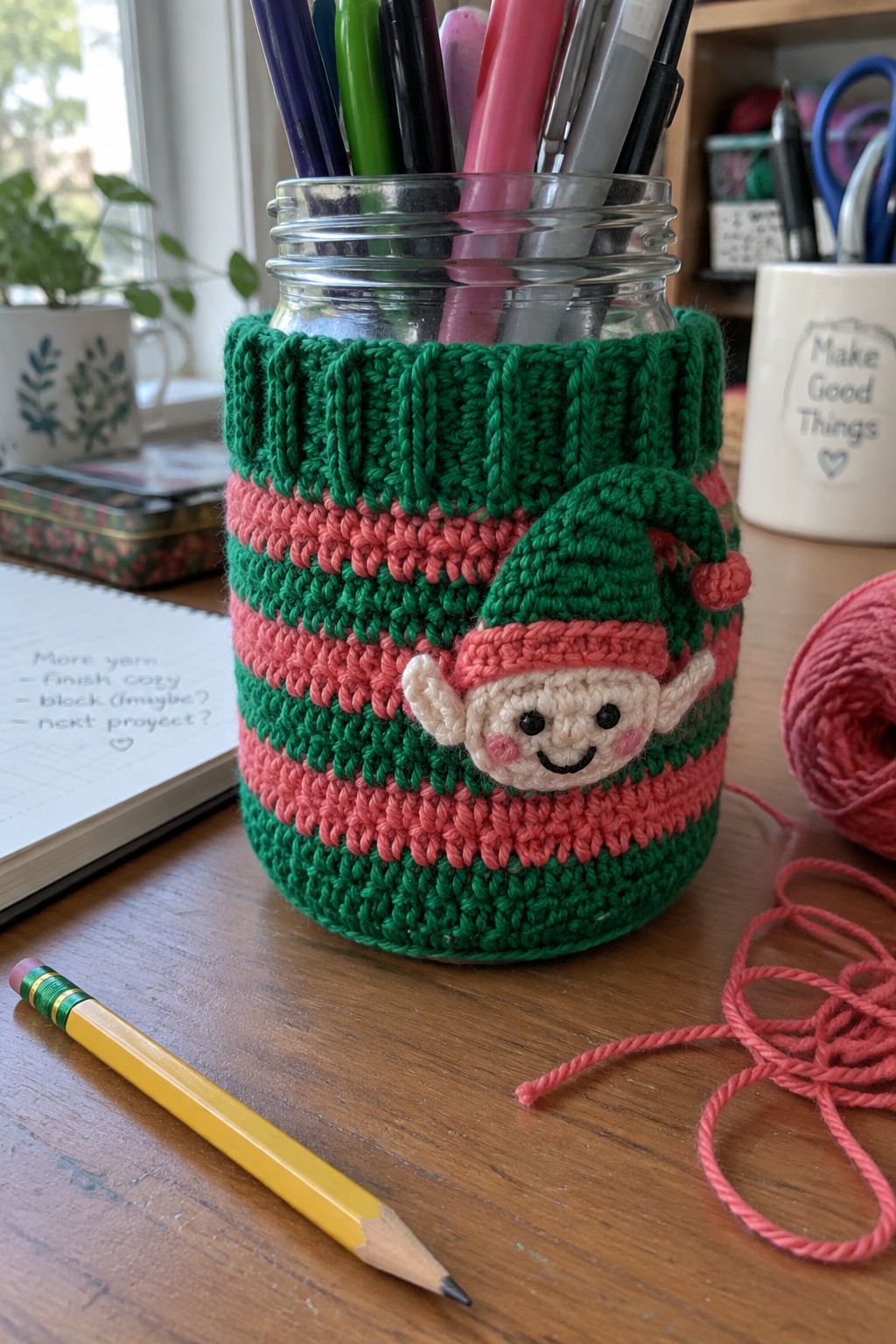 Green and pink striped knitted cozy with elf on pen-filled jar