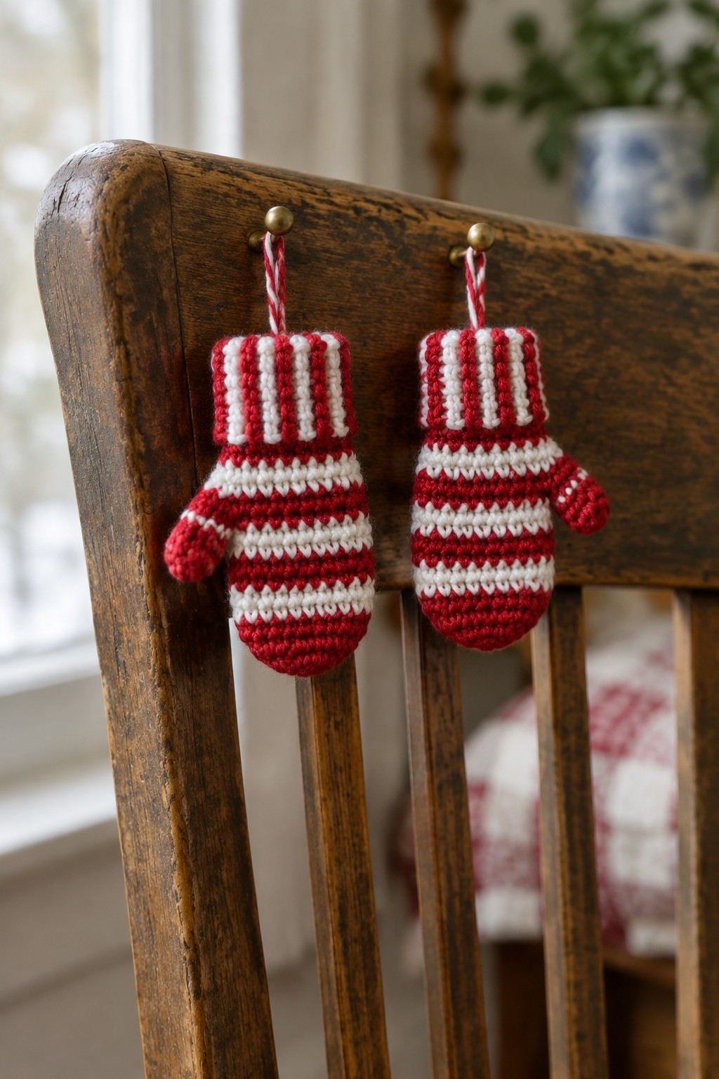 Two red and white striped knitted mittens hanging from wooden chair knobs