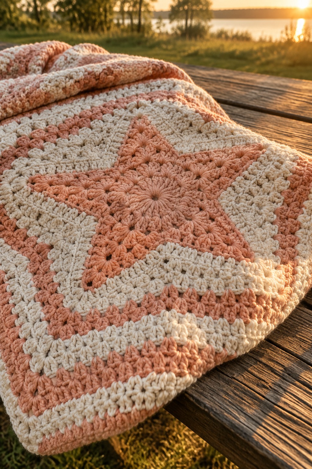 Crocheted peach and cream star blanket draped over wooden table at sunset by lake