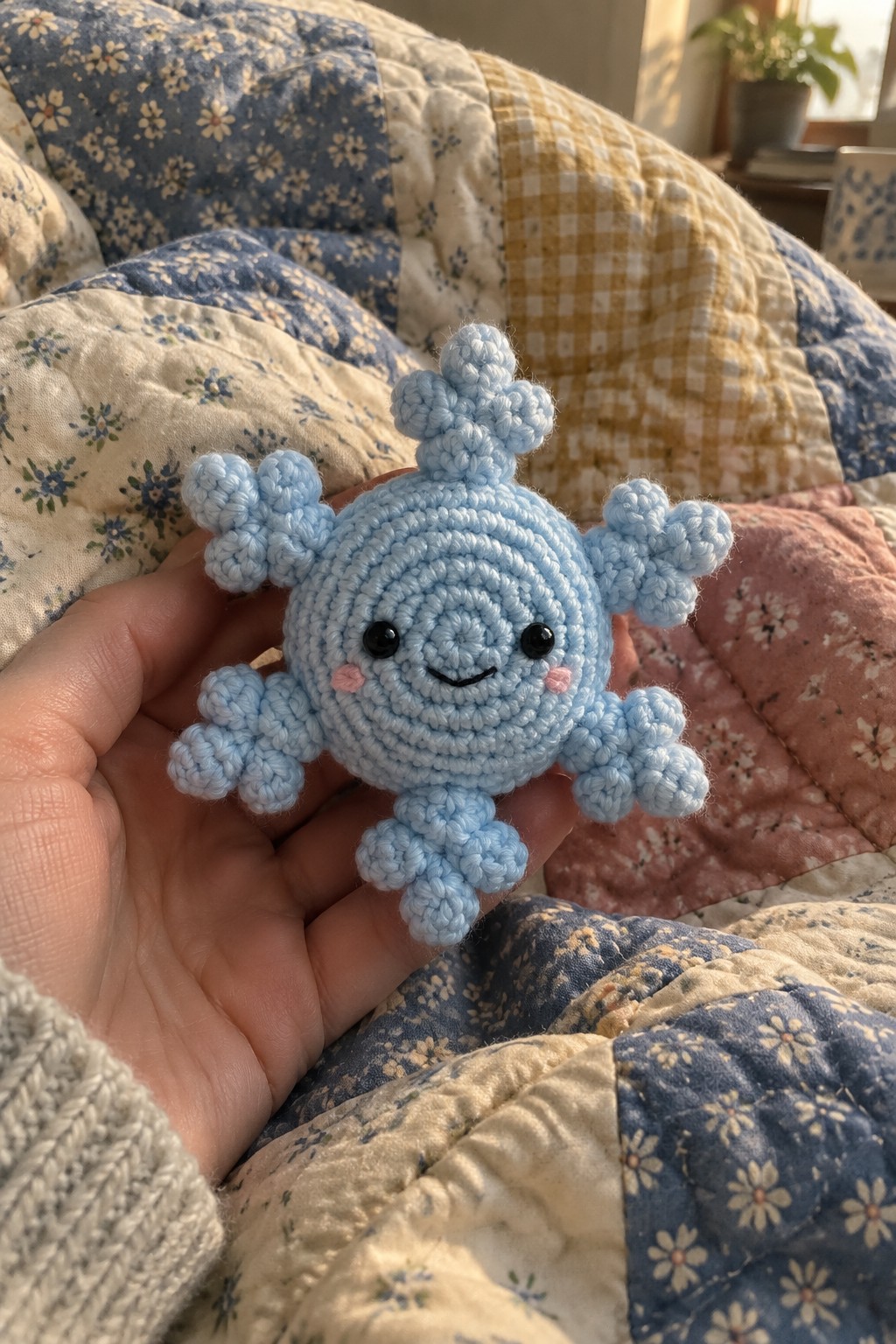 Hand in gray sweater holds light blue crocheted snowflake plush on floral quilt